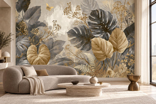 Neutral tropical leaf wallpaper mural behind a curved bouclé sofa and a travertine coffee table