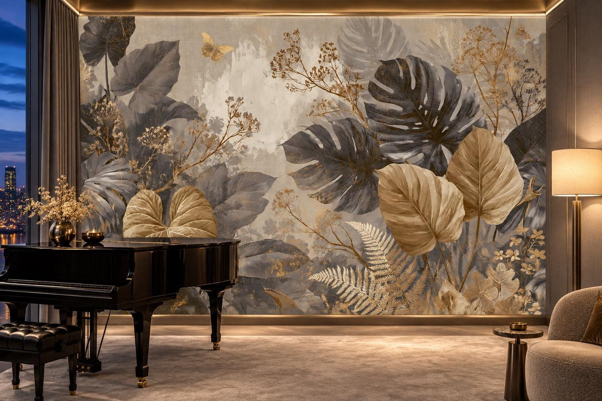 Gold and gray tropical wallpaper mural in a music room with a black grand piano and a city night view