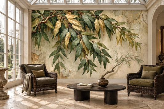 Olive and gold leaf botanical wallpaper mural in a conservatory with wicker armchairs and a round dark coffee table