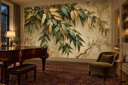Weathered plaster leaf branch wall mural in a music room with a mahogany grand piano and an olive velvet chair