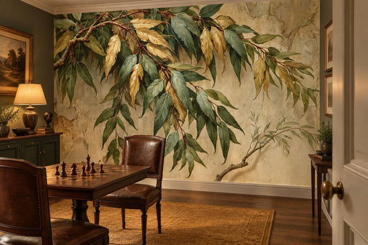 Vintage green and gold leaf mural in a library with leather chairs, a chess table and a green cabinet