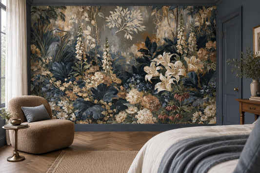 Heron and white lily navy botanical wall mural in a navy bedroom with a sculptural bouclé chair