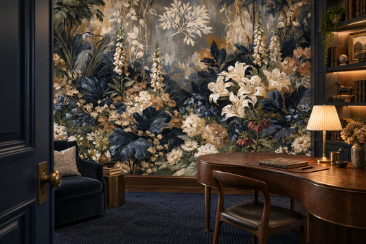 Navy and cream lily garden wallpaper mural in a study with a curved walnut desk and bookshelves