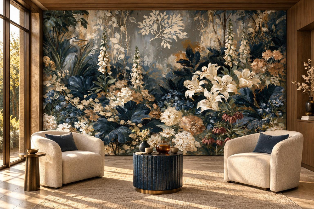 White lily and flower spire wall mural in a sunroom lounge with cream bouclé armchairs and a navy drum table