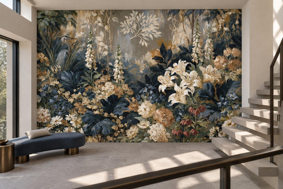 Navy blue botanical garden mural on a staircase landing with a curved navy bench