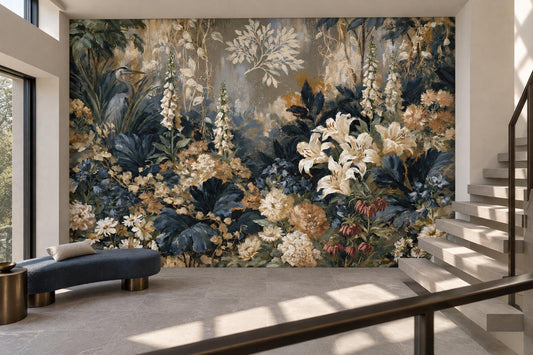 Navy blue botanical garden mural on a staircase landing with a curved navy bench
