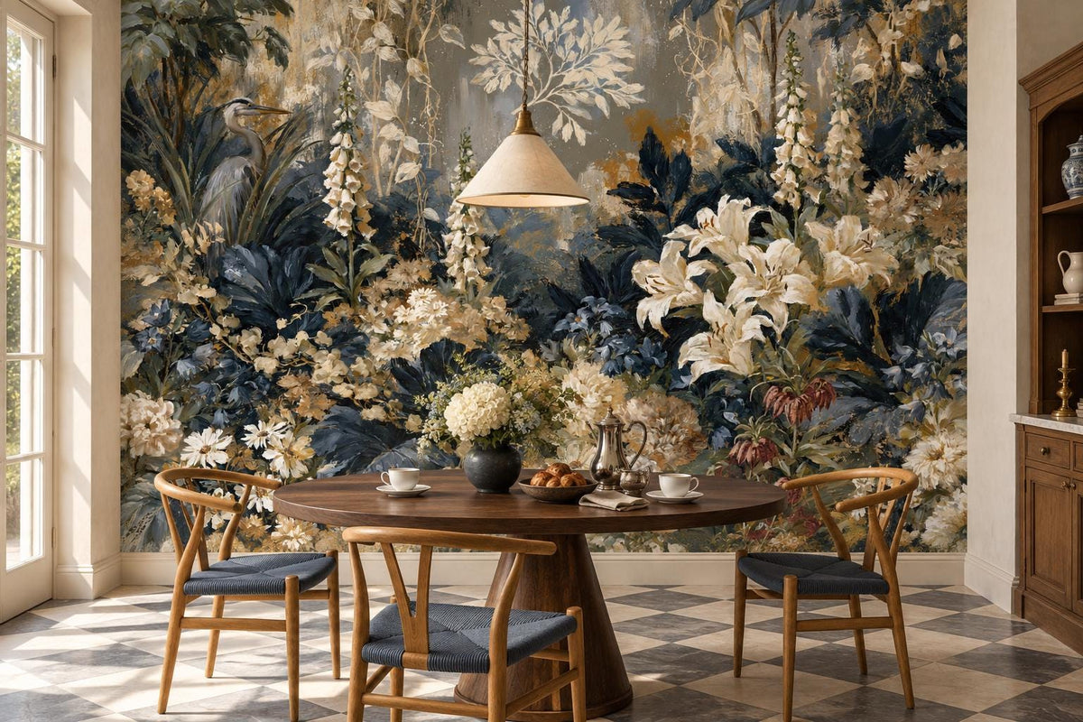 Heron and white lily wall mural in a dining nook with a round walnut table and wishbone chairs on a checkered floor