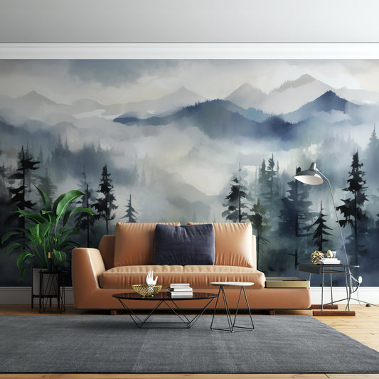Dreamy Foggy Forest Foggy Wallpaper – lifestyle view, Golden Era Walls