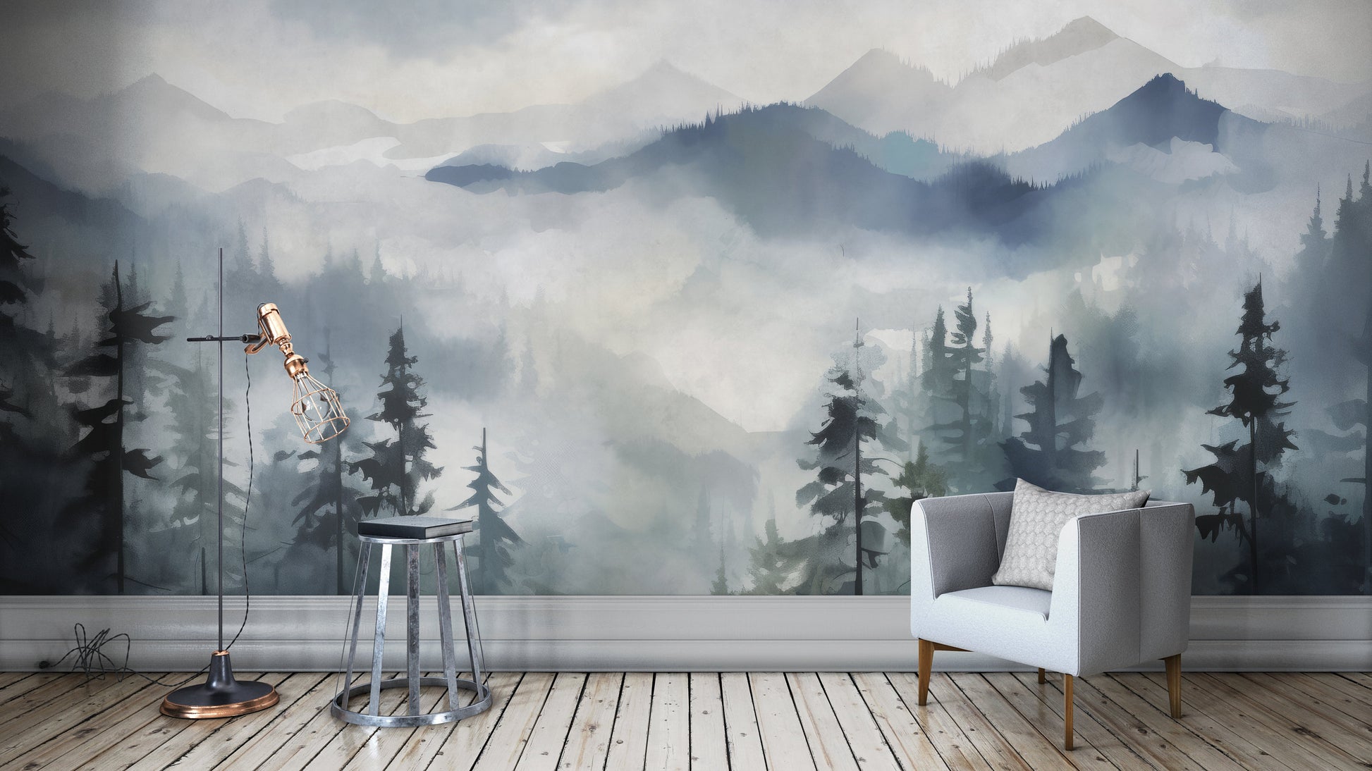 Dreamy Foggy Forest Foggy Wallpaper – scale reference, Golden Era Walls