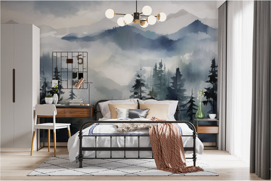 Dreamy Foggy Forest Foggy Wallpaper – room setting, Golden Era Walls