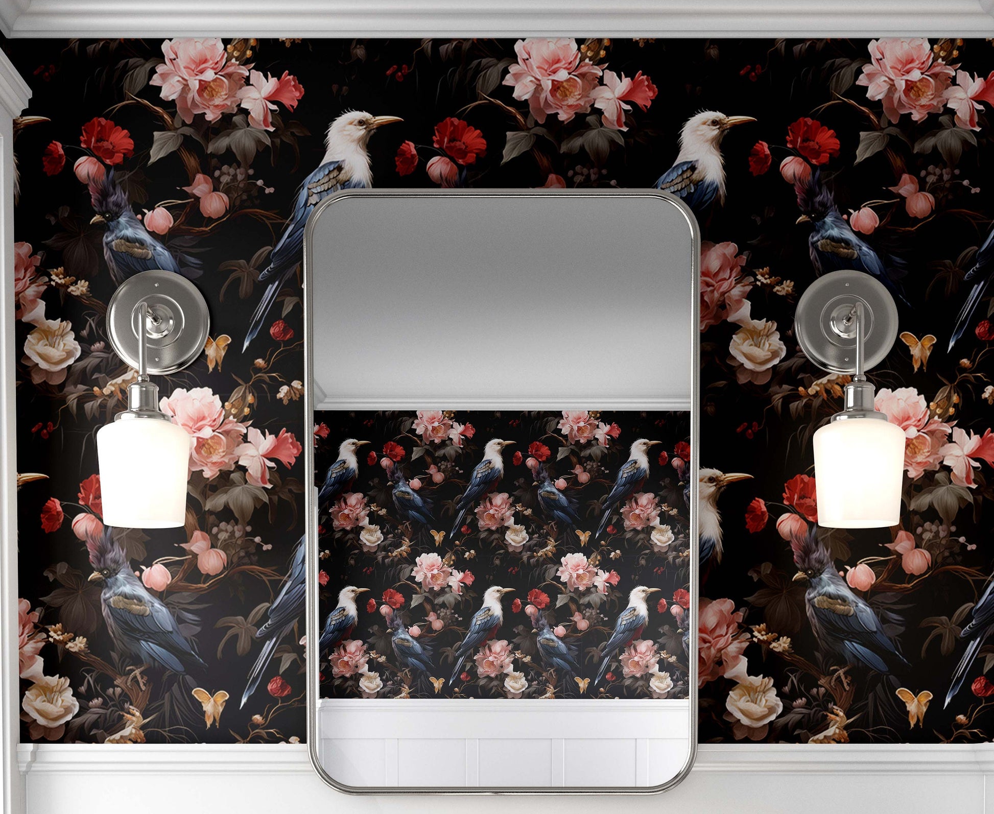 Birds Botanicals Unite Dark Floral Wallpaper Pattern – additional view, Golden Era Walls