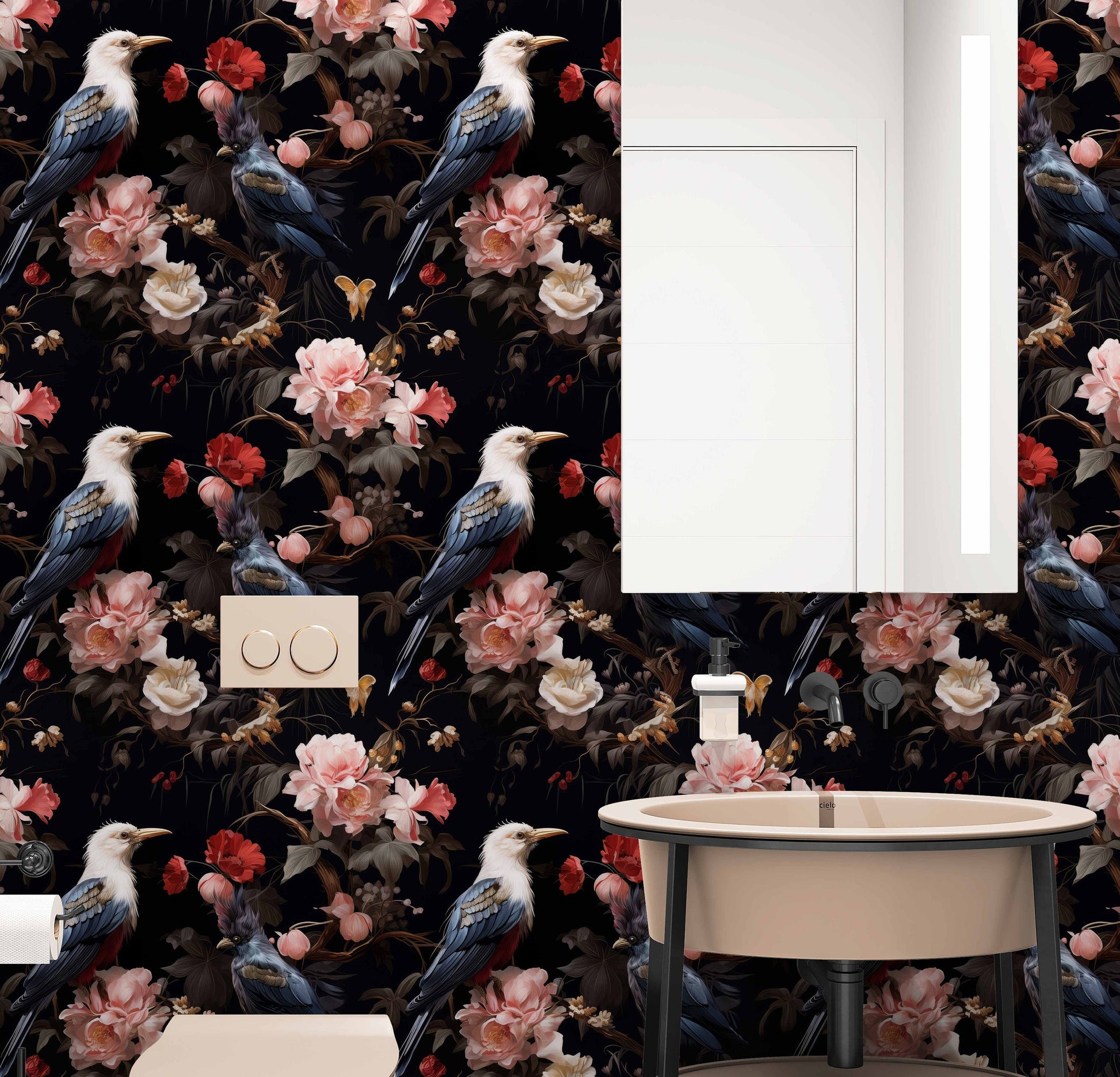 Birds Botanicals Unite Dark Floral Wallpaper Pattern – texture detail, Golden Era Walls