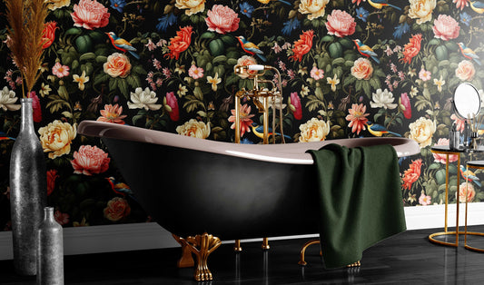 Dark Floral Secret Garden Floral Wallpaper – lifestyle view, Golden Era Walls