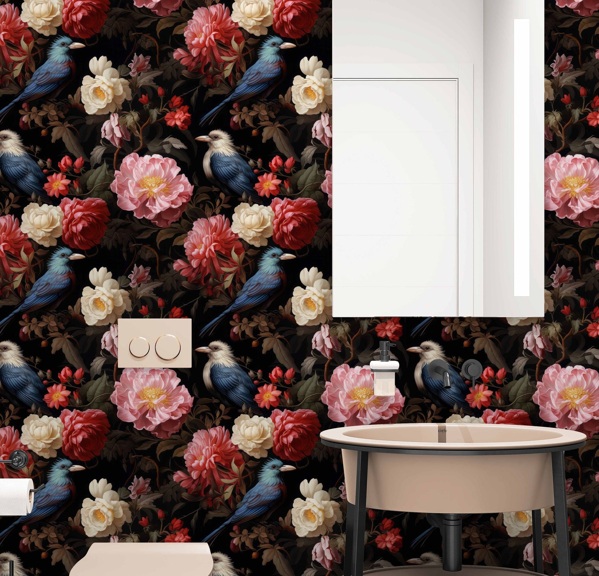 Dark Botanical Beauty Bird Floral Wallpaper Pattern – additional view, Golden Era Walls