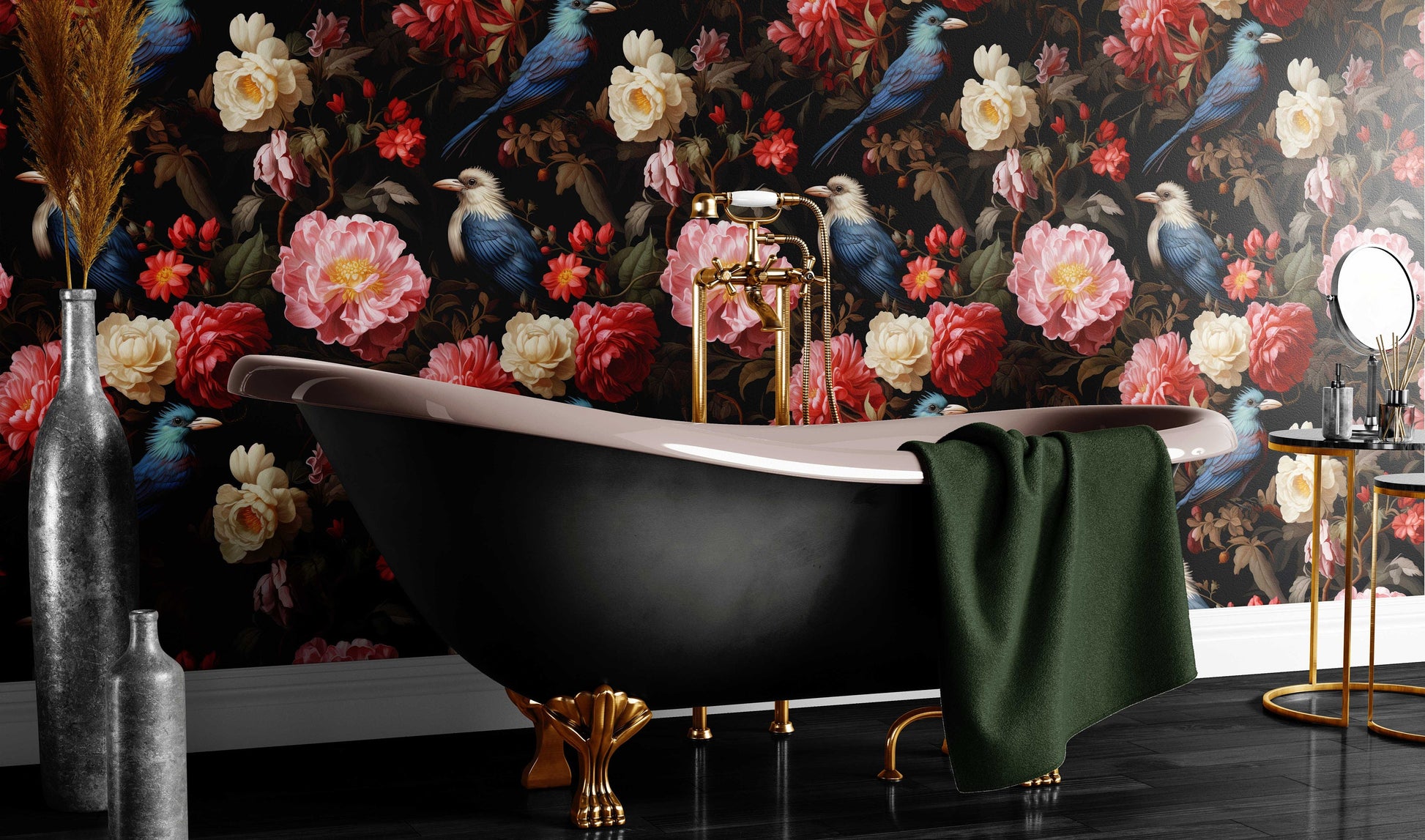 Dark Botanical Beauty Bird Floral Wallpaper Pattern – texture detail, Golden Era Walls