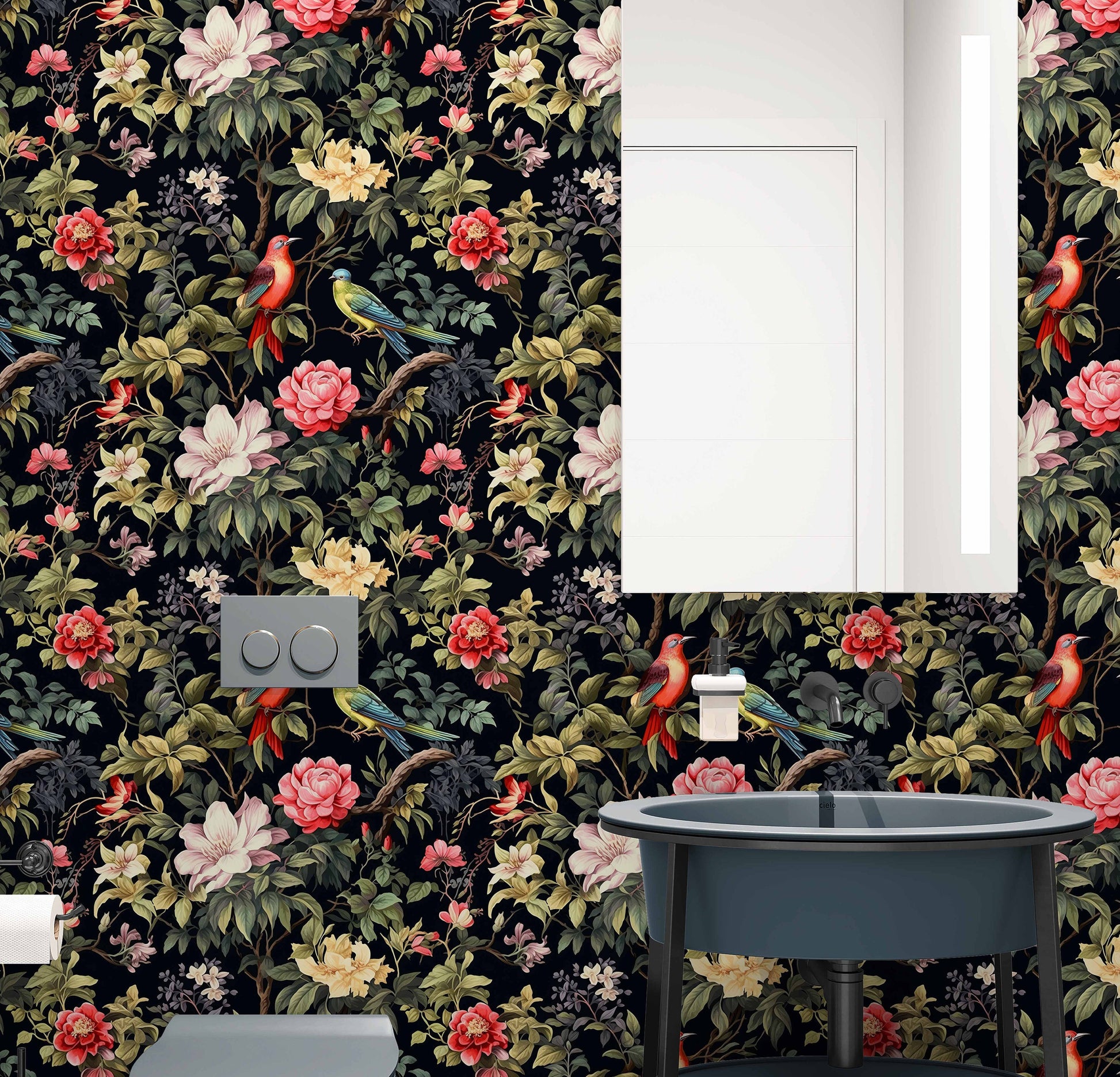 Secret Garden Birds Dark Floral Wallpaper – lifestyle view, Golden Era Walls