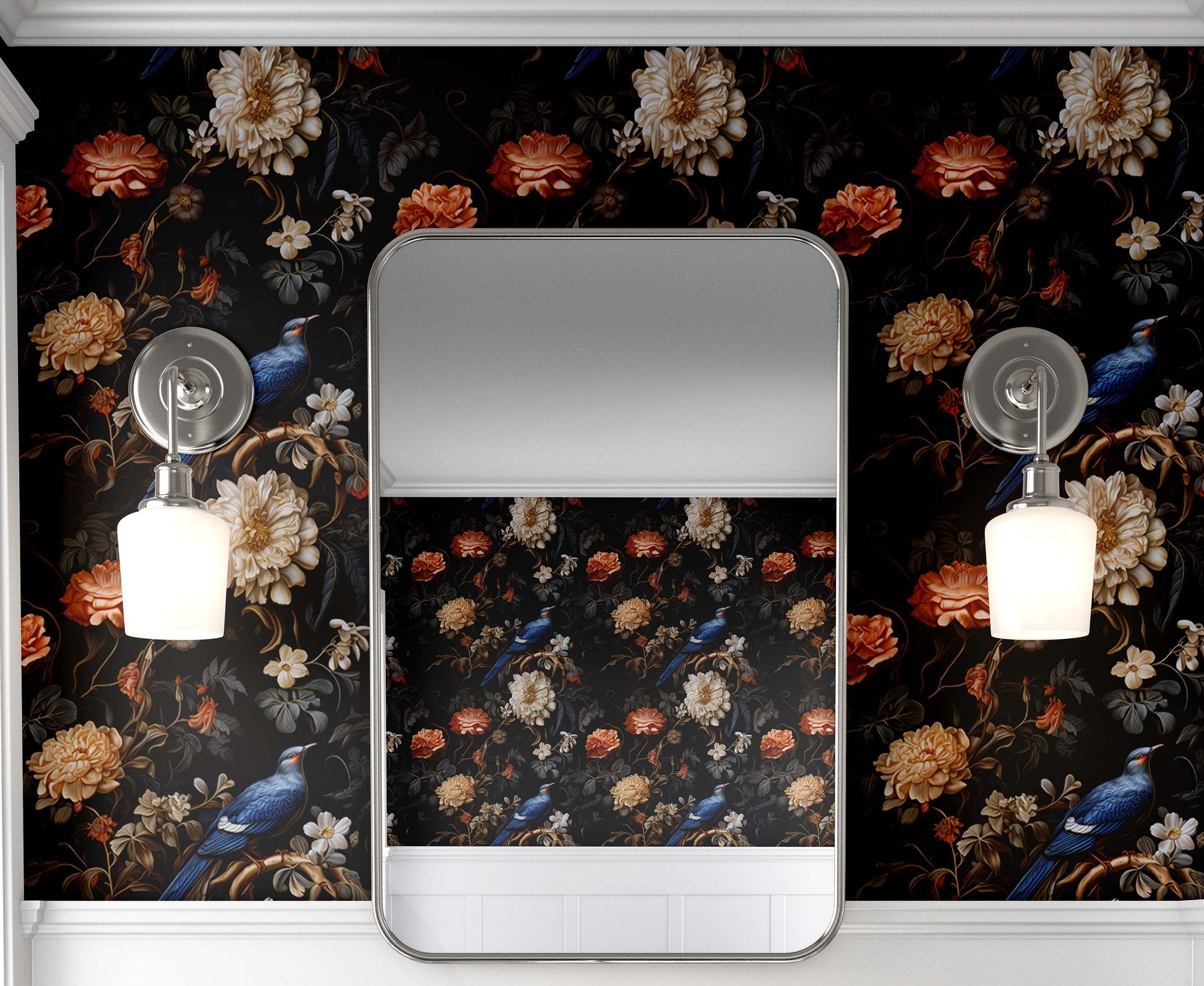 Dark Botanical Vintage Birds Floral Wallpaper – detail view, Golden Era Walls