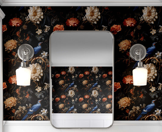 Dark Botanical Vintage Birds Floral Wallpaper – detail view, Golden Era Walls