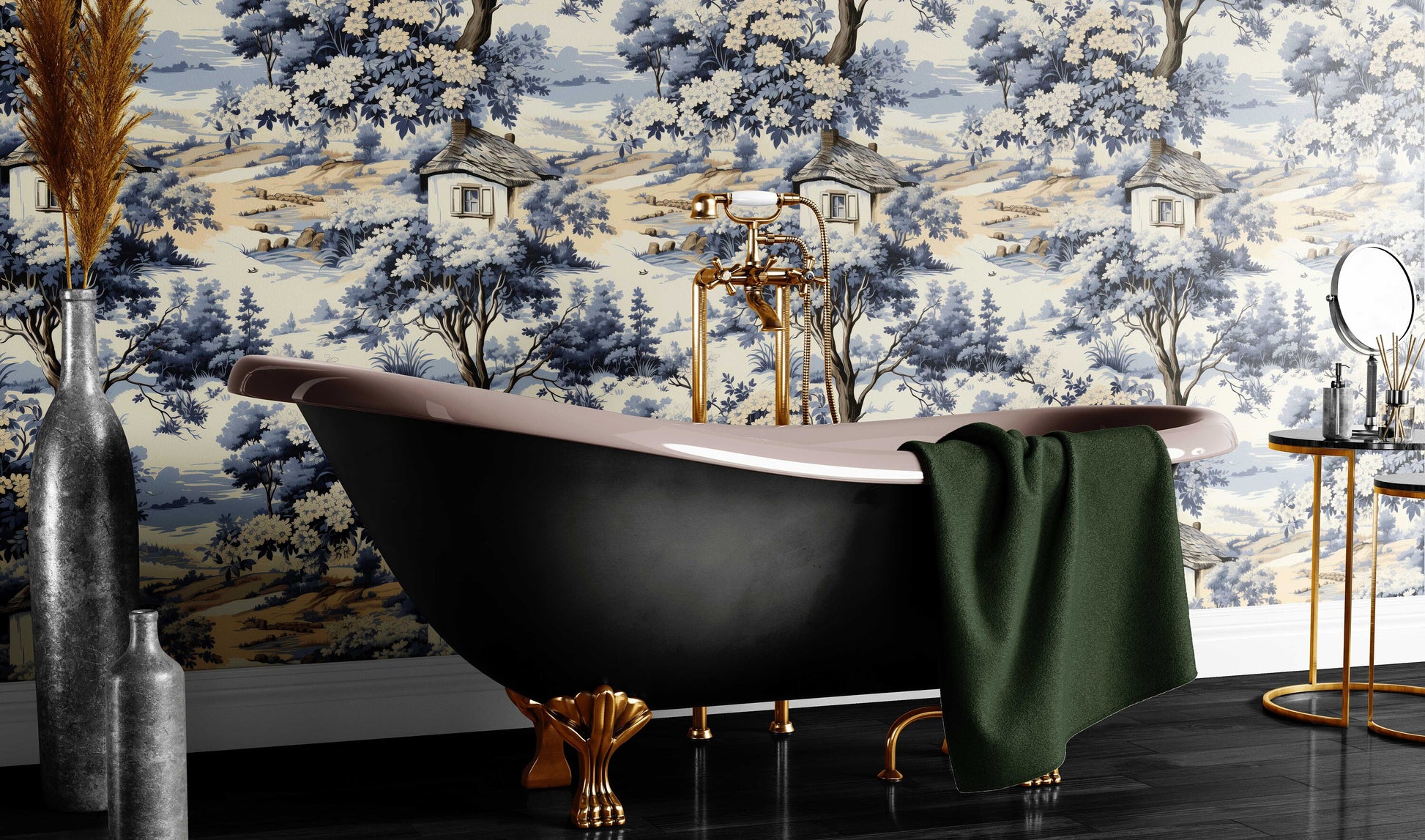 Rustic Elegance French Toile Wallpaper – room setting, Golden Era Walls