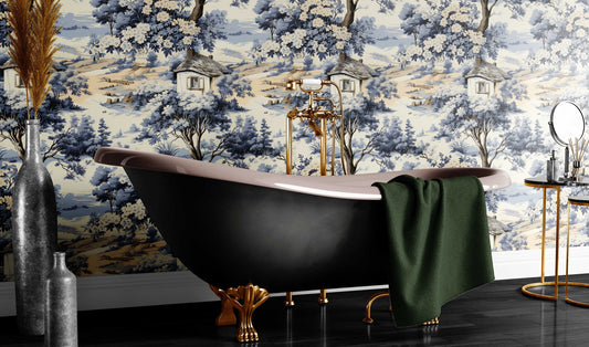 Rustic Elegance French Toile Wallpaper – room setting, Golden Era Walls