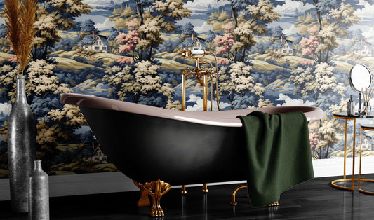 Vintage Toile Modern Twist Floral Wallpaper – lifestyle view, Golden Era Walls