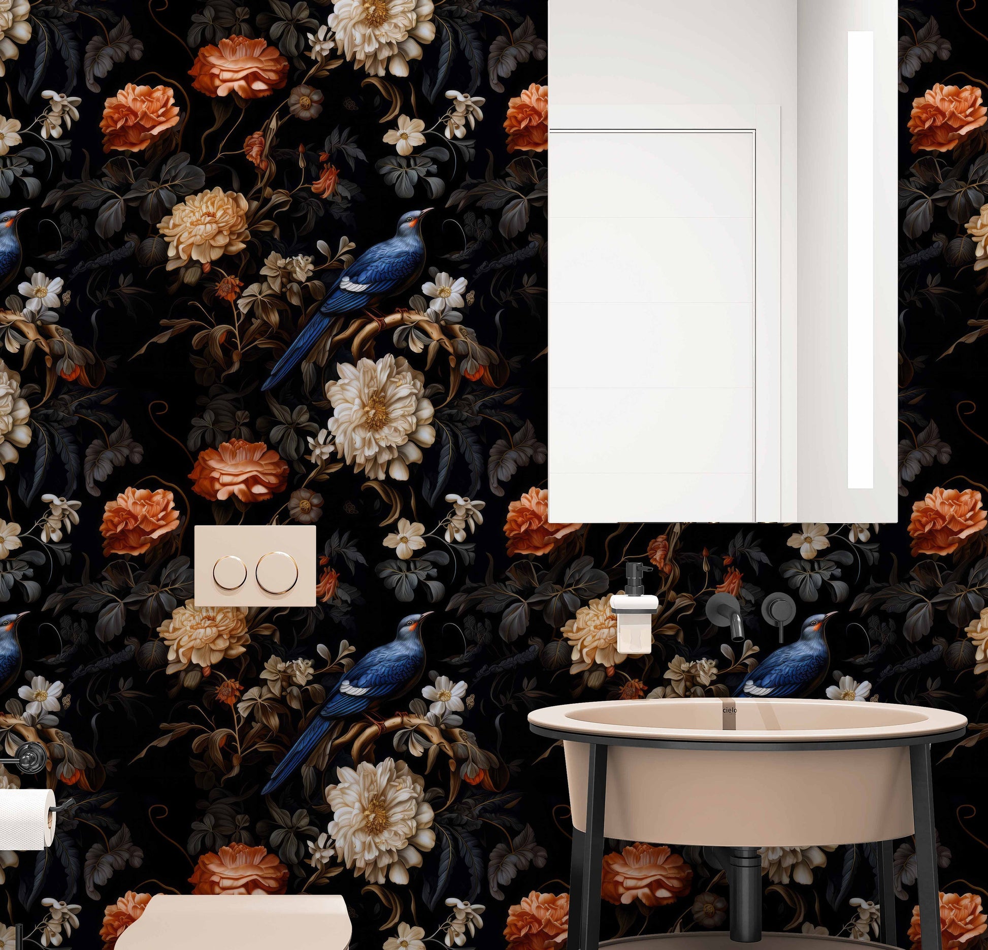 Dark Botanical Vintage Birds Floral Wallpaper – room setting, Golden Era Walls