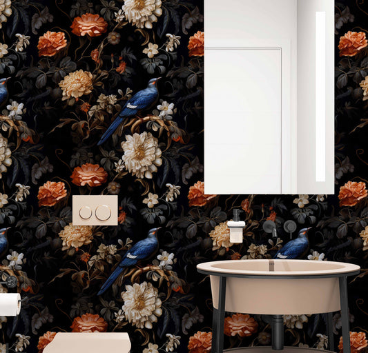 Dark Botanical Vintage Birds Floral Wallpaper – room setting, Golden Era Walls
