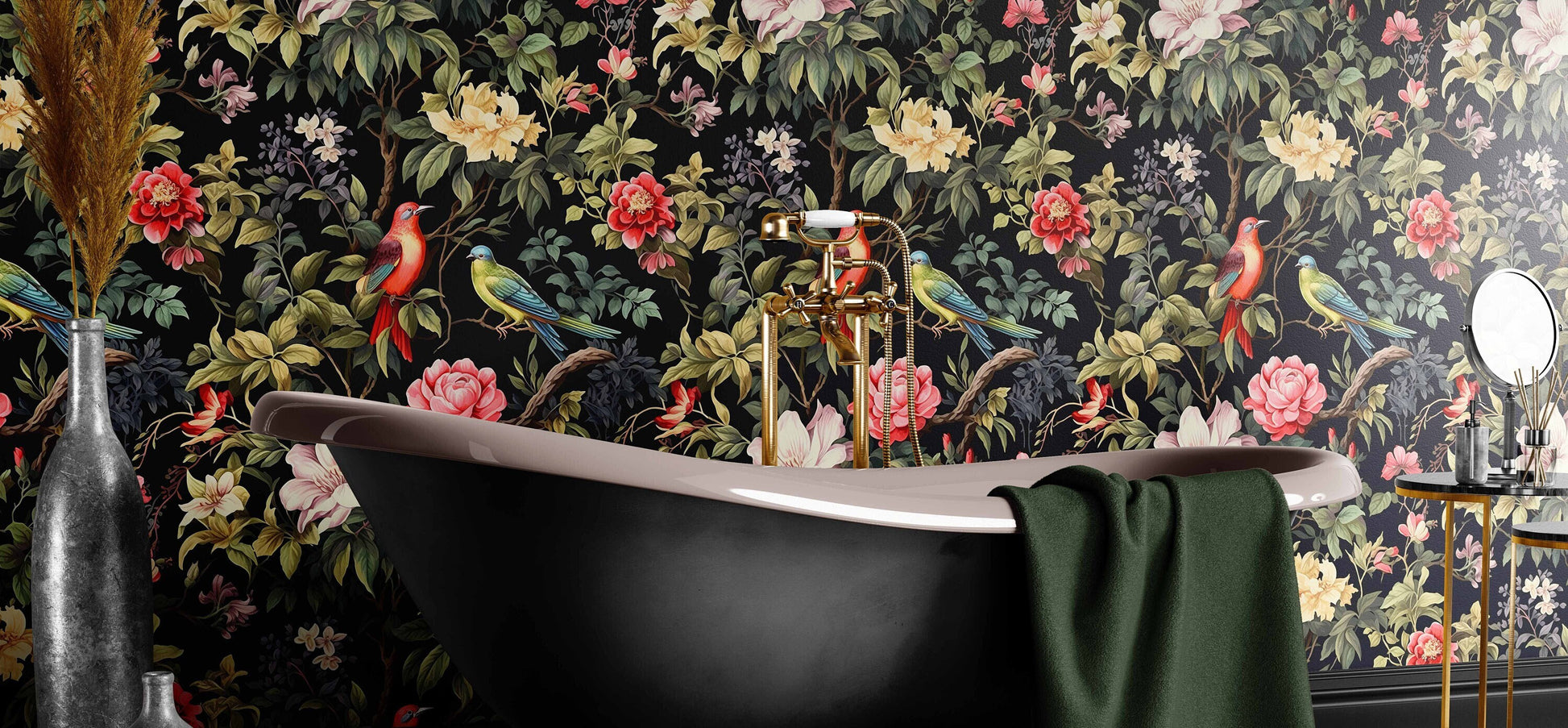 Secret Garden Birds Dark Floral Wallpaper – peel and stick wallpaper mural, Golden Era Walls