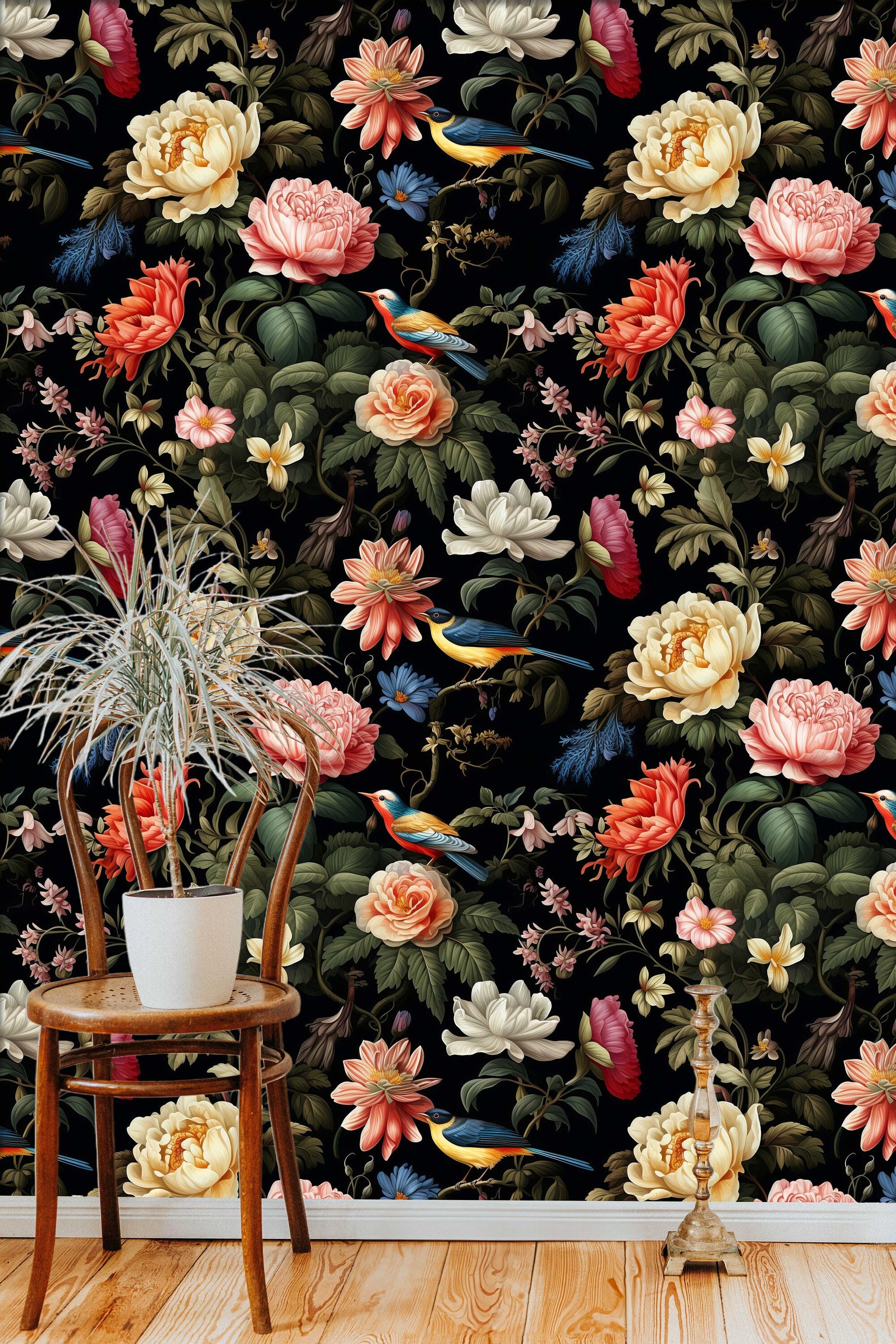 Vintage Dark Floral Elegant Floral Wallpaper – detail view, Golden Era Walls