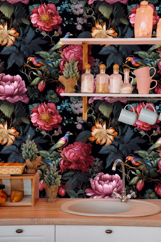 Vintage Dark Floral Elegant Floral Wallpaper – detail view, Golden Era Walls