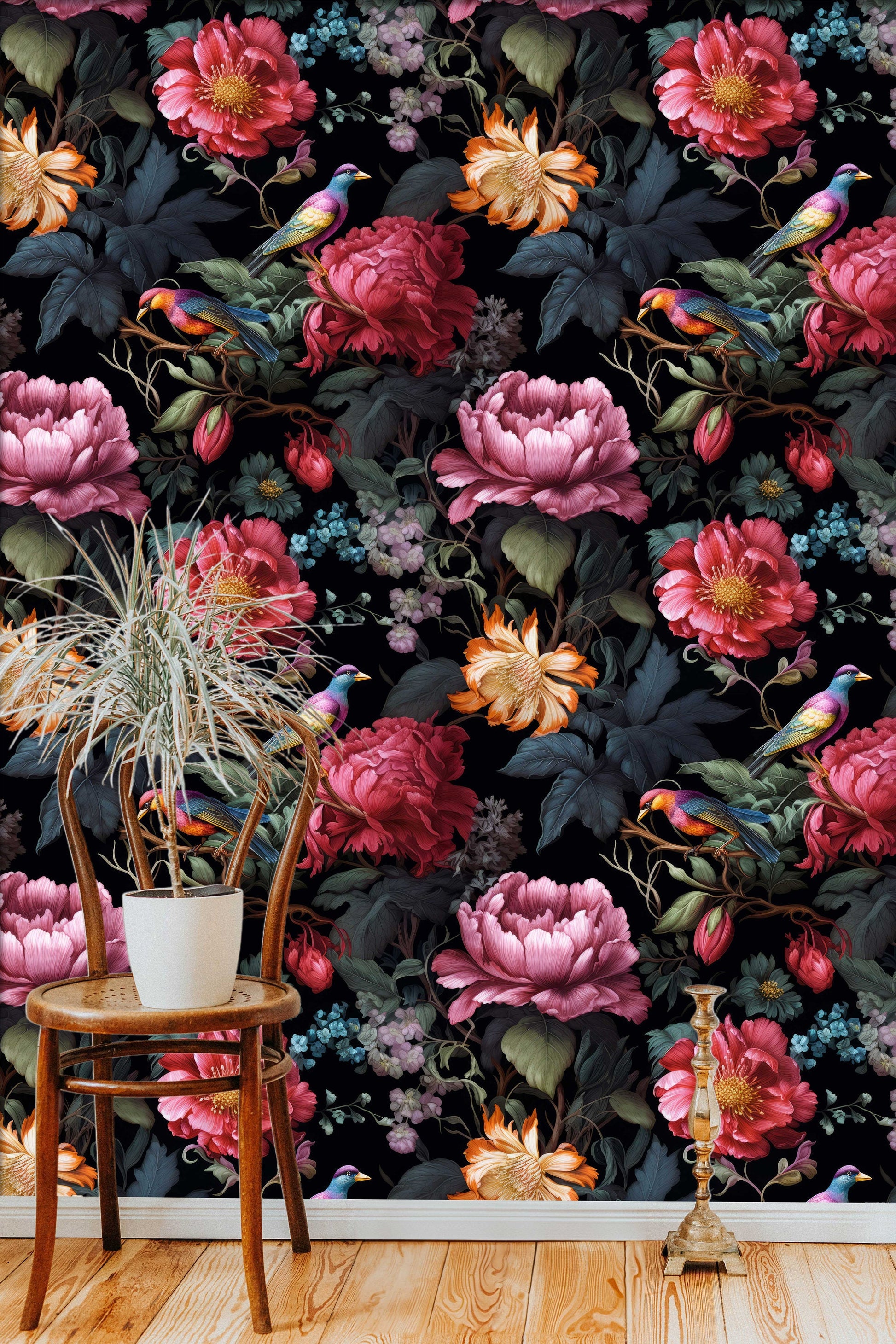 Vintage Dark Floral Elegant Floral Wallpaper – scale reference, Golden Era Walls