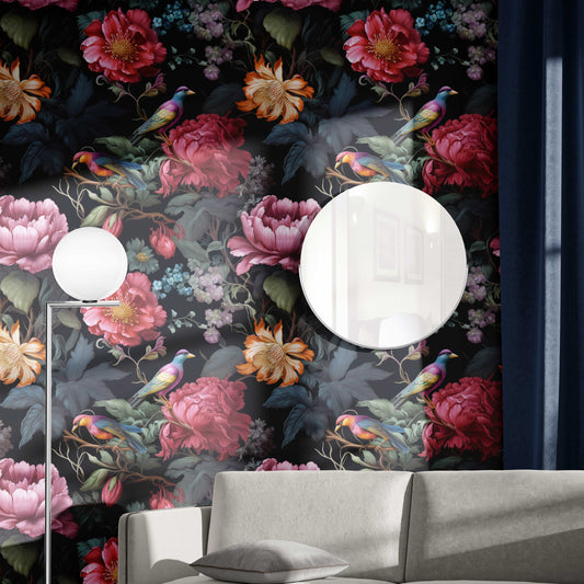 Vintage Dark Floral Elegant Floral Wallpaper – room setting, Golden Era Walls