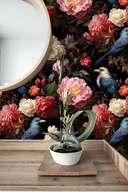 Watercolor Peony Floral Decor Floral Wallpaper – room setting, Golden Era Walls