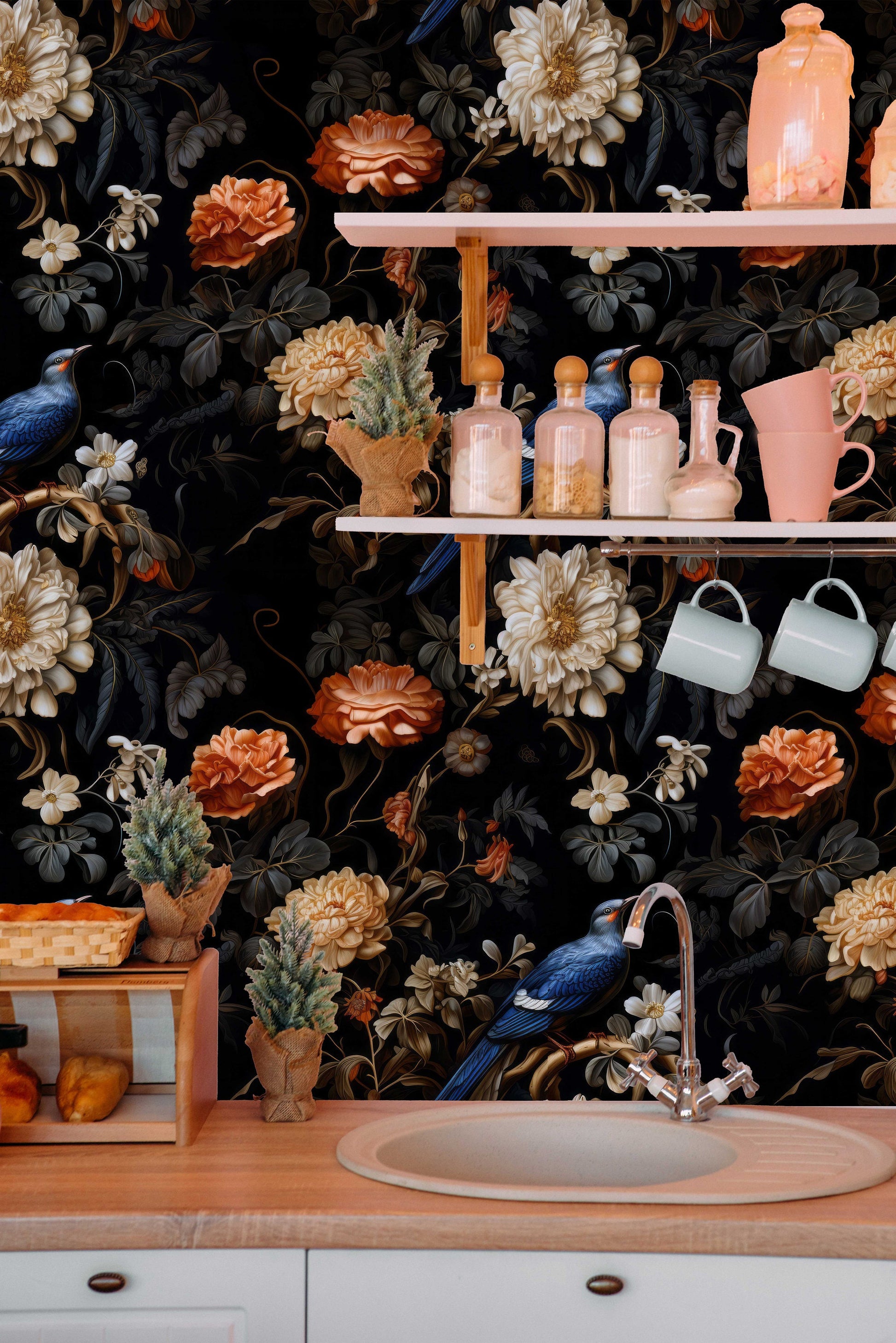 Dark Botanical Vintage Birds Floral Wallpaper – scale reference, Golden Era Walls