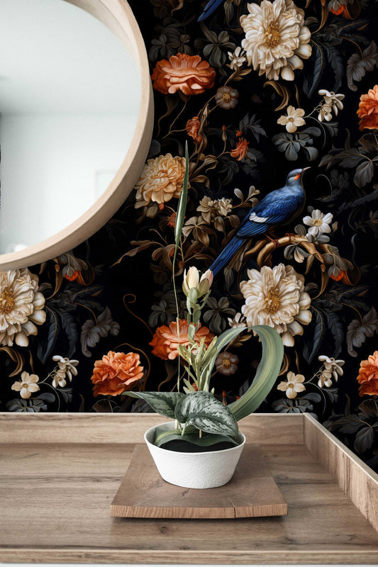 Dark Botanical Vintage Birds Floral Wallpaper – peel and stick wallpaper mural, Golden Era Walls