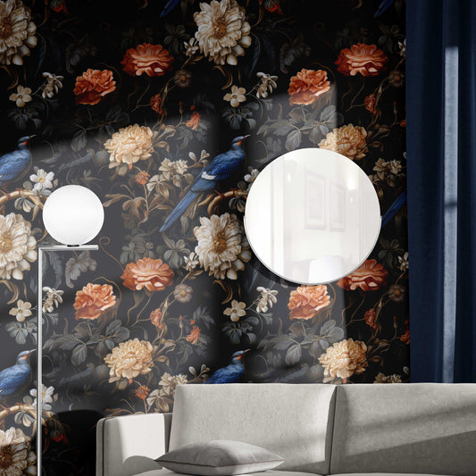 Dark Botanical Vintage Birds Floral Wallpaper – lifestyle view, Golden Era Walls