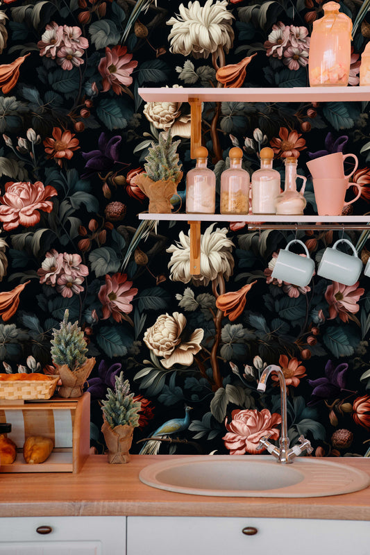 Timeless Elegance Dark Floral Wallpaper Pattern – peel and stick wallpaper mural, Golden Era Walls