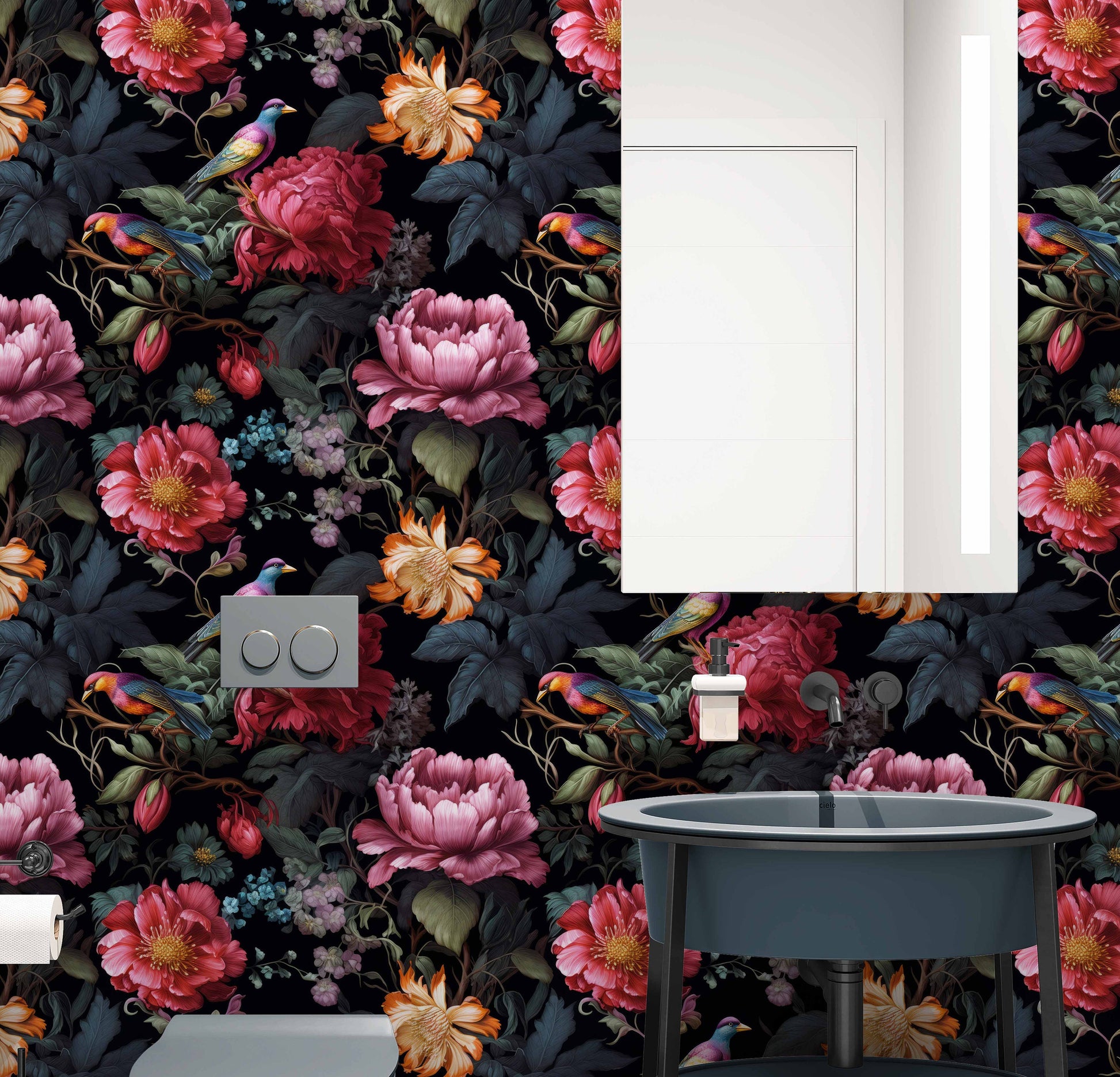 Dark Botanical Beauty Bird Floral Wallpaper – lifestyle view, Golden Era Walls