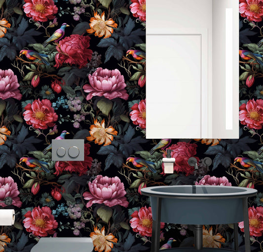 Dark Botanical Beauty Bird Floral Wallpaper – lifestyle view, Golden Era Walls