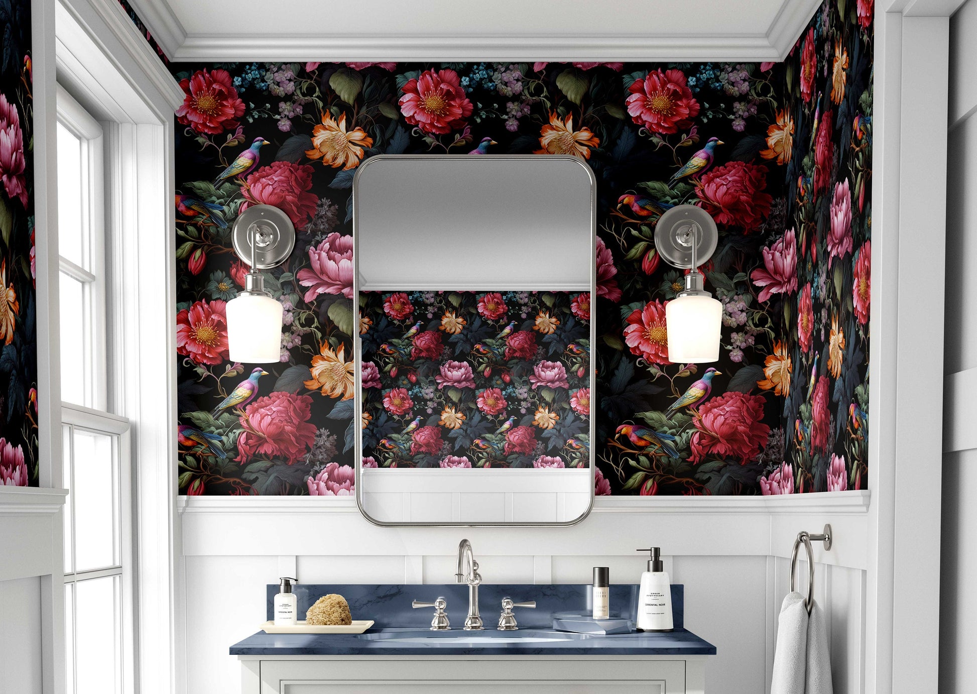 Dark Botanical Beauty Bird Floral Wallpaper – detail view, Golden Era Walls