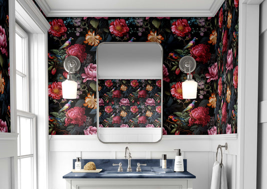 Dark Botanical Beauty Bird Floral Wallpaper – detail view, Golden Era Walls