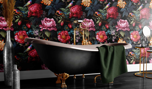Dark Botanical Beauty Bird Floral Wallpaper – room setting, Golden Era Walls