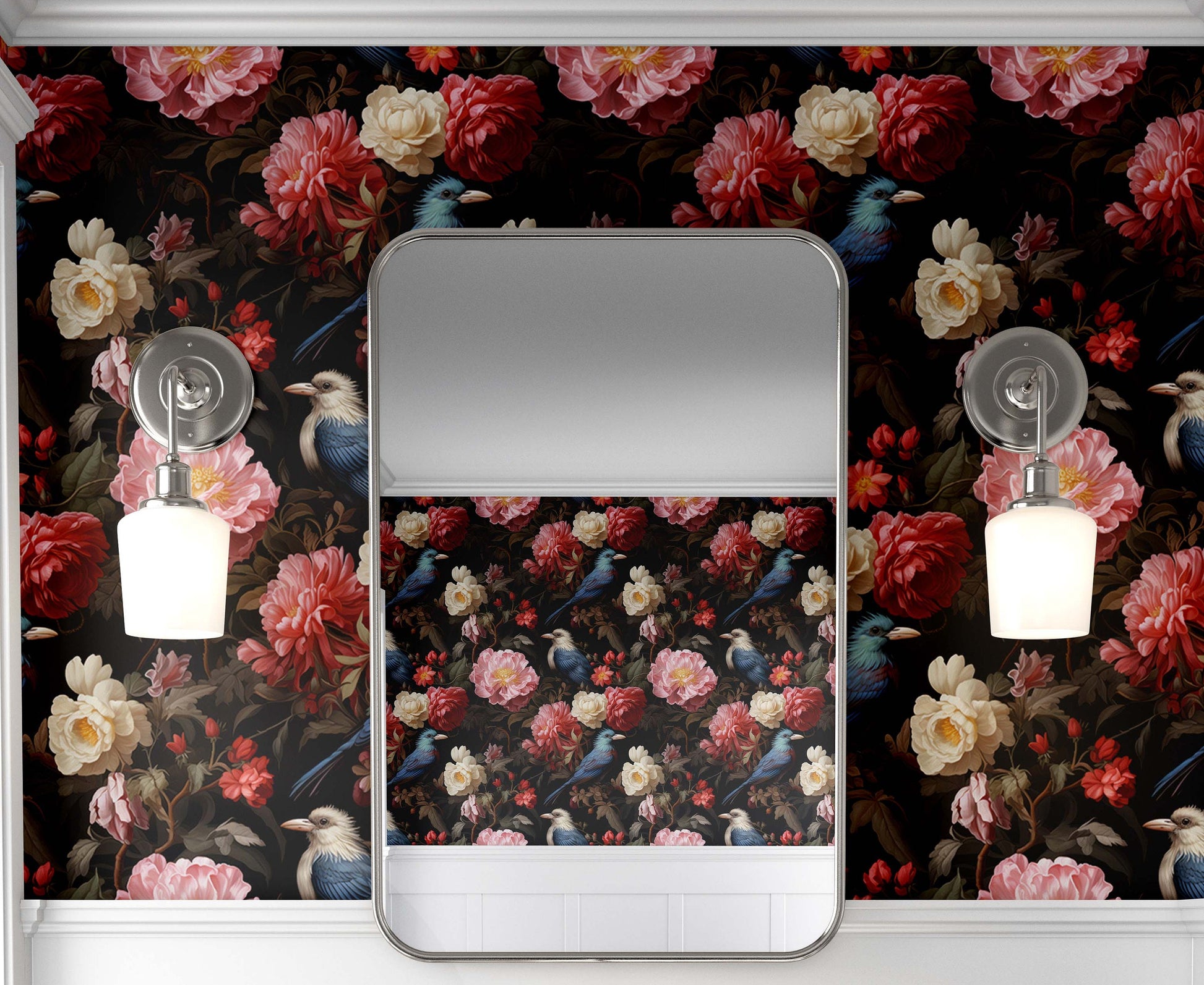 Dark Botanical Beauty Bird Floral Wallpaper Pattern – additional view, Golden Era Walls