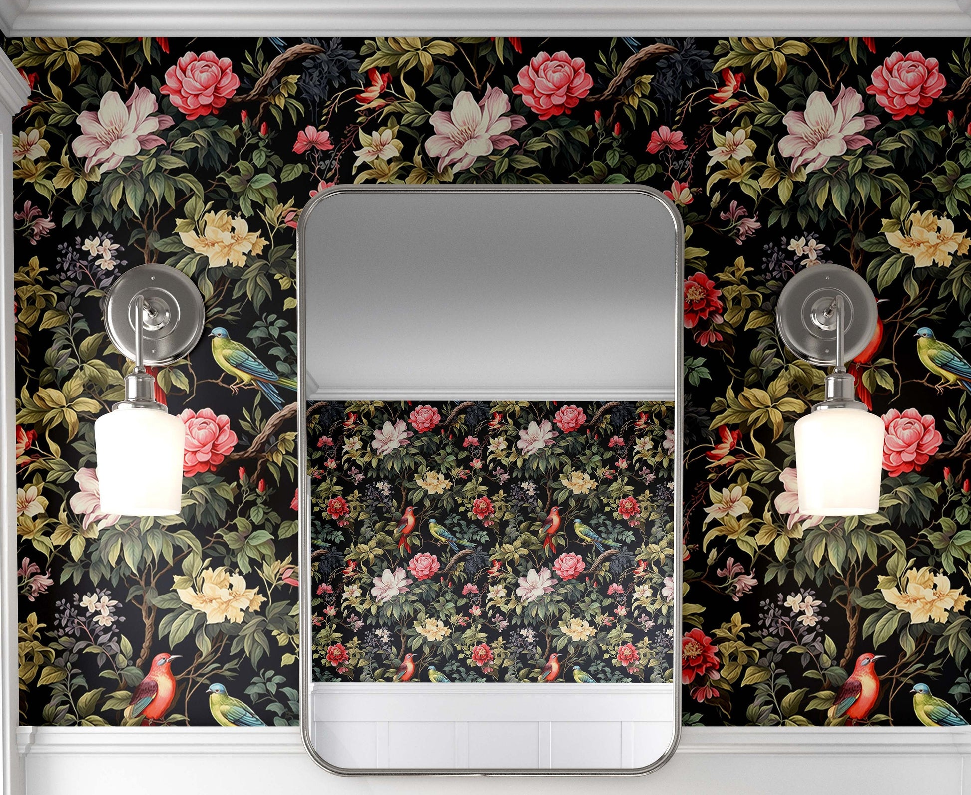 Secret Garden Birds Dark Floral Wallpaper – detail view, Golden Era Walls