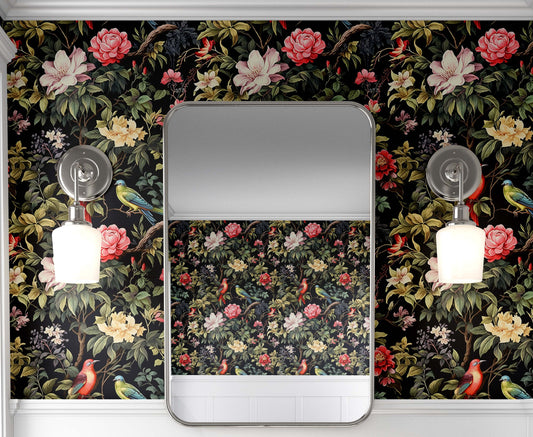 Secret Garden Birds Dark Floral Wallpaper – detail view, Golden Era Walls