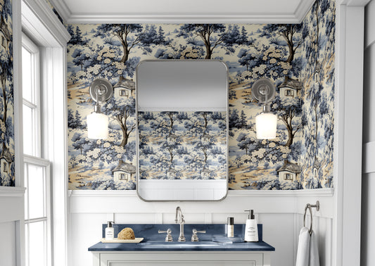 Rustic Elegance French Toile Wallpaper – lifestyle view, Golden Era Walls