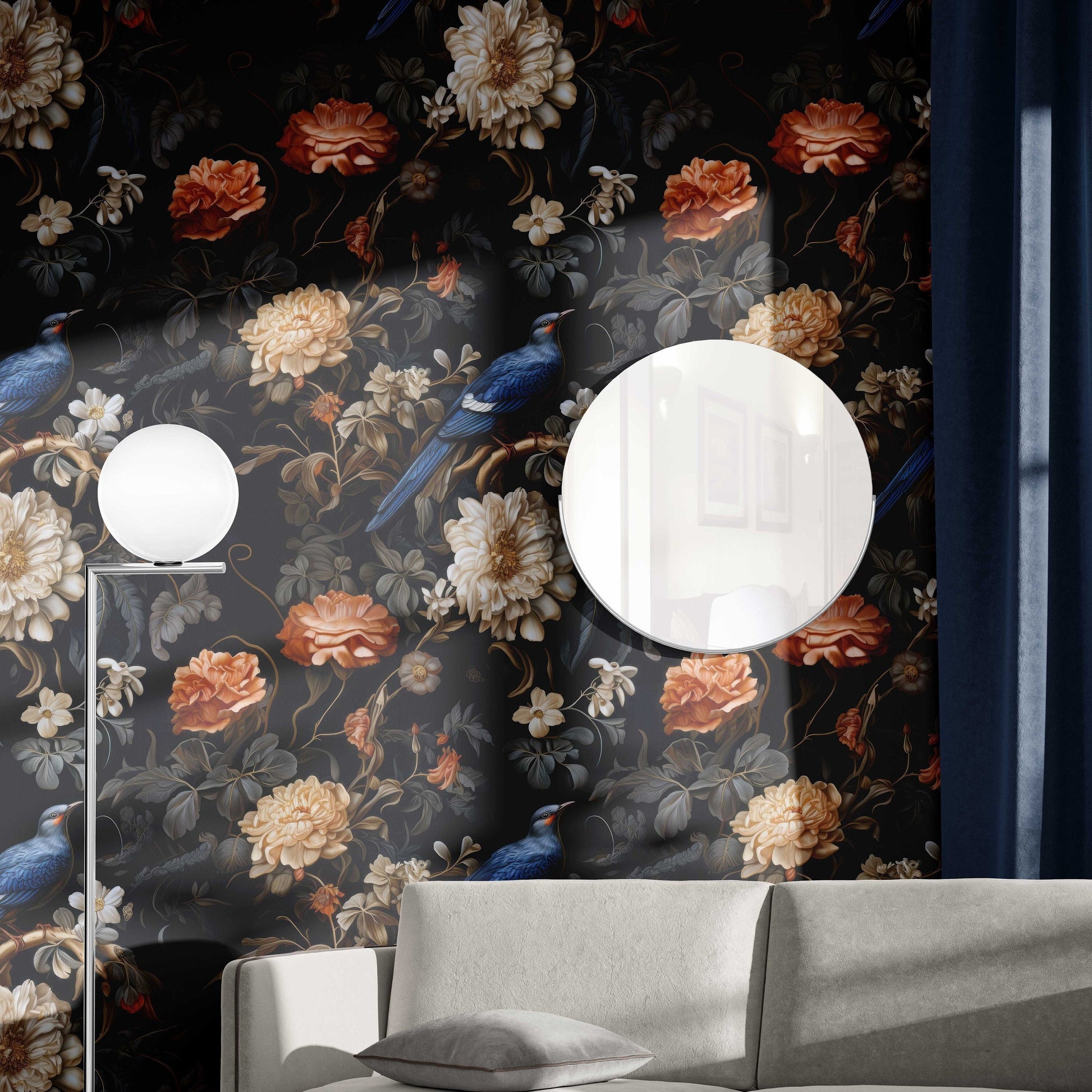 Dark Botanical Vintage Birds Floral Wallpaper – lifestyle view, Golden Era Walls