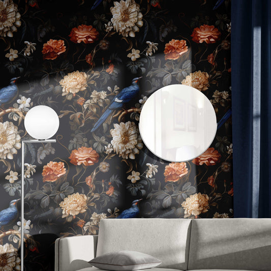 Dark Botanical Vintage Birds Floral Wallpaper – lifestyle view, Golden Era Walls