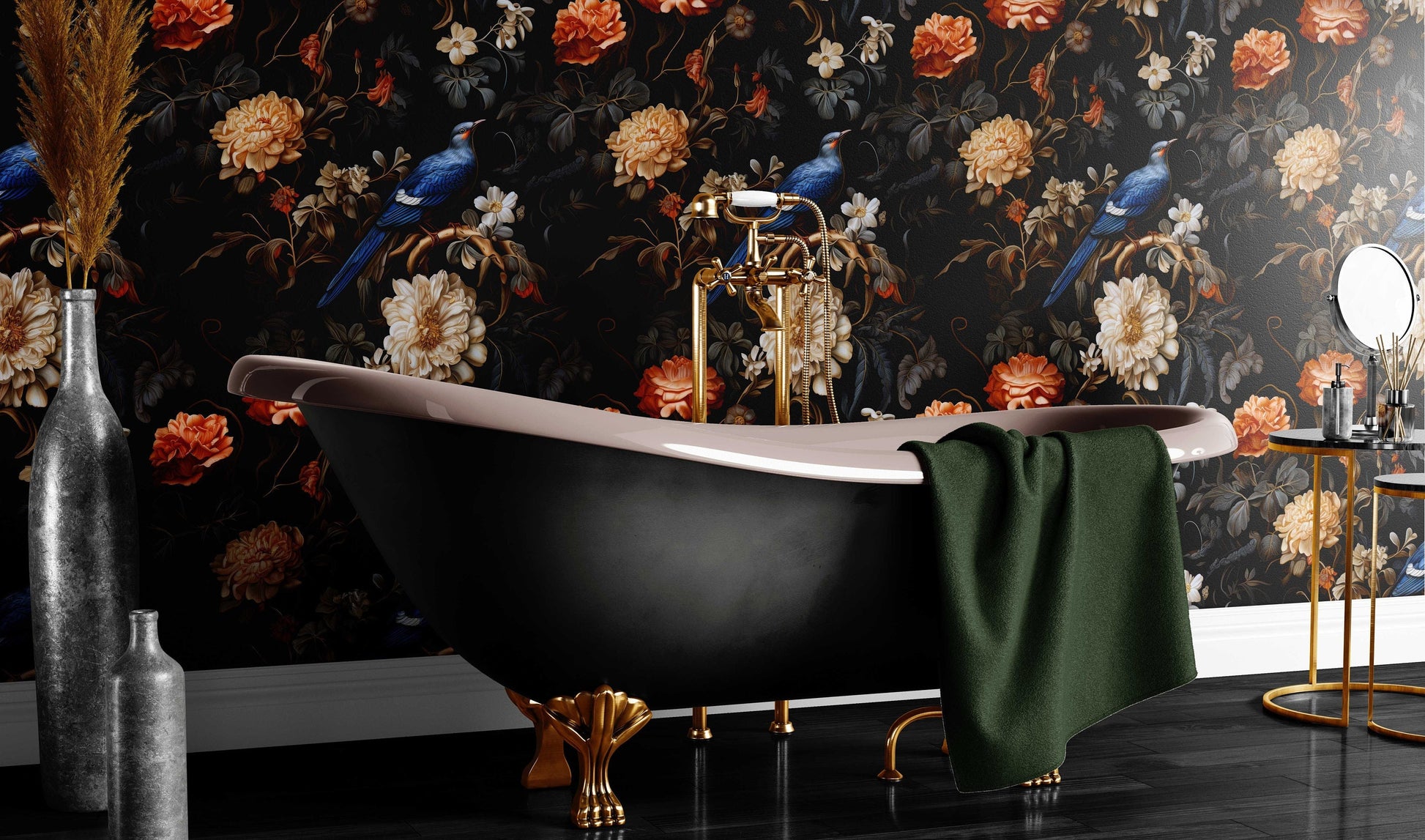 Dark Botanical Vintage Birds Floral Wallpaper – peel and stick wallpaper mural, Golden Era Walls