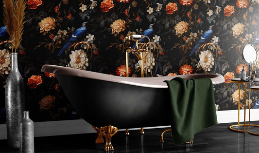 Dark Botanical Vintage Birds Floral Wallpaper – peel and stick wallpaper mural, Golden Era Walls